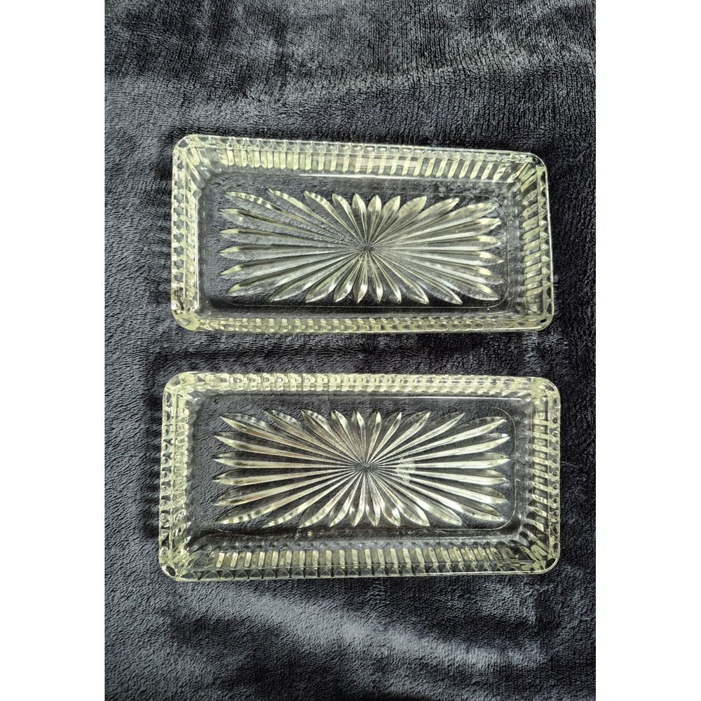 Vintage Clear Pressed Glass Butter Dish Tray Set of 2‎ Starburst Vanity Dish
